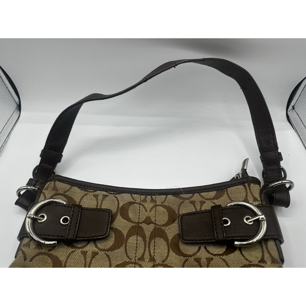 Coach Signature Soho Hobo Shoulder Bag Brown Khaki Canvas Leather Buckle Trim 14 - Picture 8 of 16